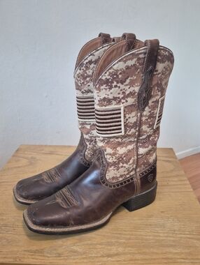 Ariat Sport Patriot Western Men Sz 7 Brown Sand Camo Square Toe US Flag Boots